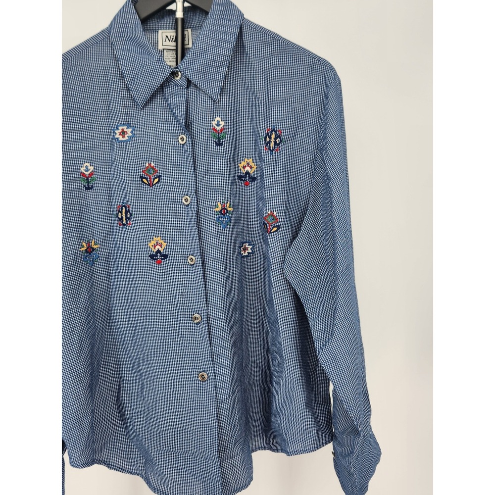 Nikki Vintage Gingham Embroidered Button Down Shirt Blue White Floral Size 16 - Picture 3 of 7